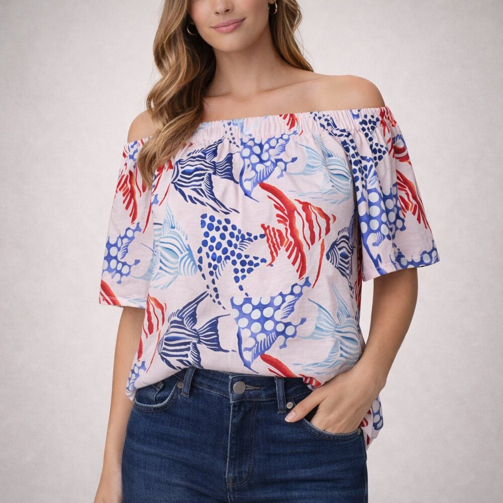 LOFT Red White & Blue Fish Print Off-The-Shoulder Blouse | Size L